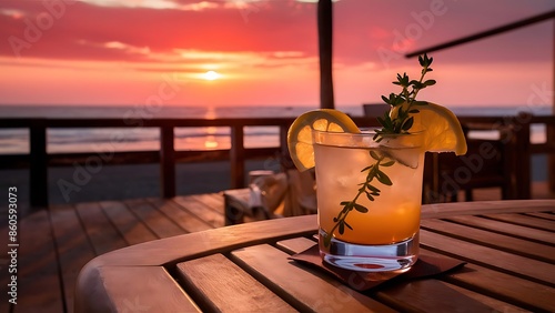 Cocktail with lemon and thyme on terrace at sunset