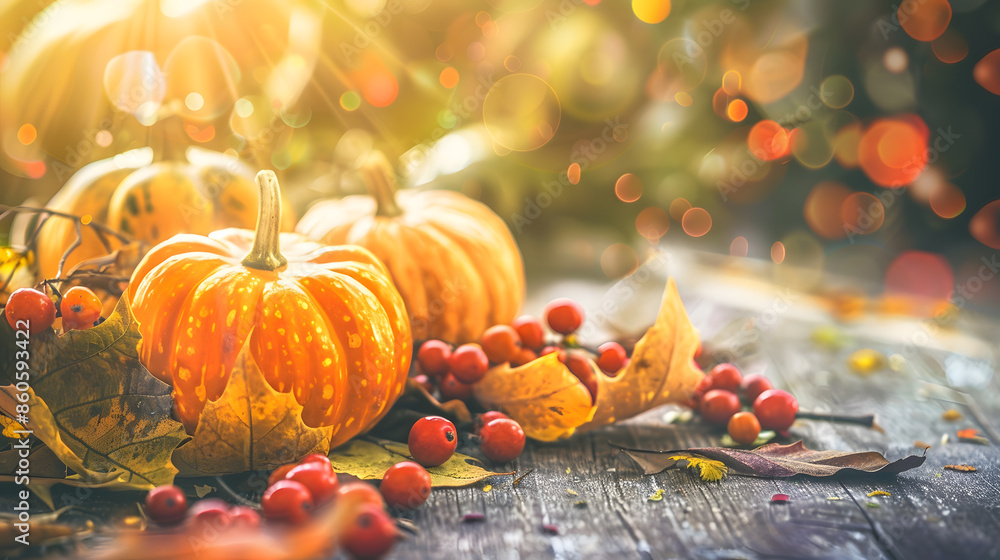 Thanksgiving or autumn scene with pumpkins autumn leaves and berries on wooden table Autumn background with copy space Banner : Generative AI Thanksgiving or autumn scene with pumpkins autumn leaves and berries on wooden table Autumn background with copy space Banner : Generative AI