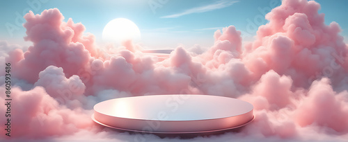  Background podium pink 3d product sky platform display cloud pastel scene render stand. Pink podium stage minimal abstract background beauty dreamy space studio pedestal smoke showcase geometric whit photo