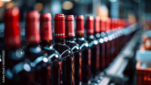 Bottles of red wine on the production line in a modern winery factory. A closeup view of the bottles with a blurred background © MdArif