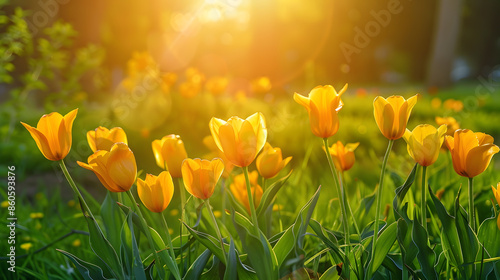 Amazing view of colorful yellow tulip flowering in the garden and green grass landscape under natural sunlight at sunny summer or spring day Close up spring tulip flowers background in : Generative AI