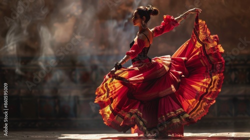 The Flamenco Festival in Seville. holidays in Spain. The girl in Spanish traditional attire. A woman is dancing a traditional Spanish dance