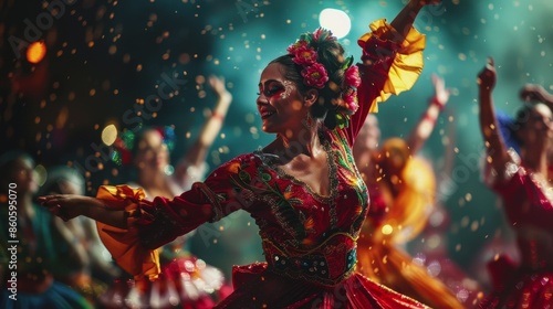 The Flamenco Festival in Seville. holidays in Spain. The girl in Spanish traditional attire. A woman is dancing a traditional Spanish dance