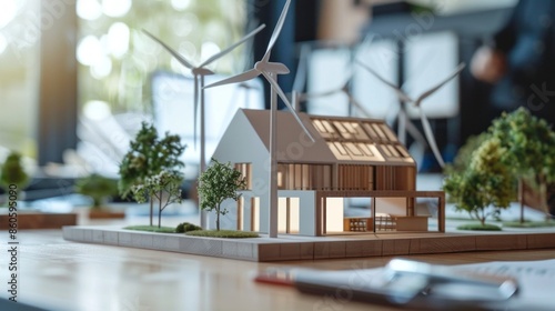 A model of a house with a wind turbine on top