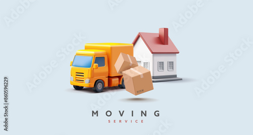 House, truck, boxes, 3D, Banner for moving services, delivery, furniture, goods, and products concepts. Vector