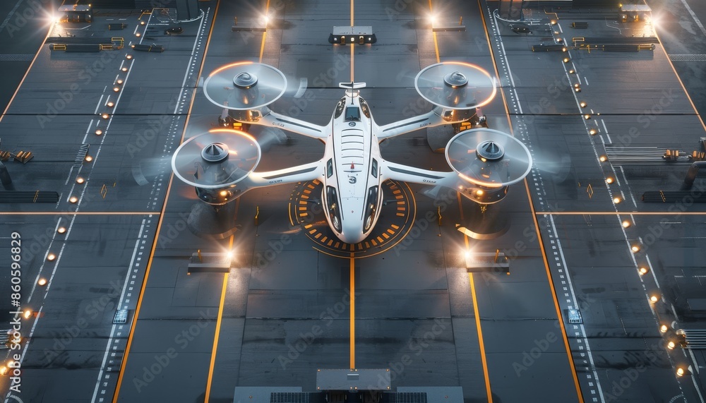 Obraz premium Technological air transport taxi for transporting people and goods in big cities. The quadcopter is standing on the take-off pad at the airport.