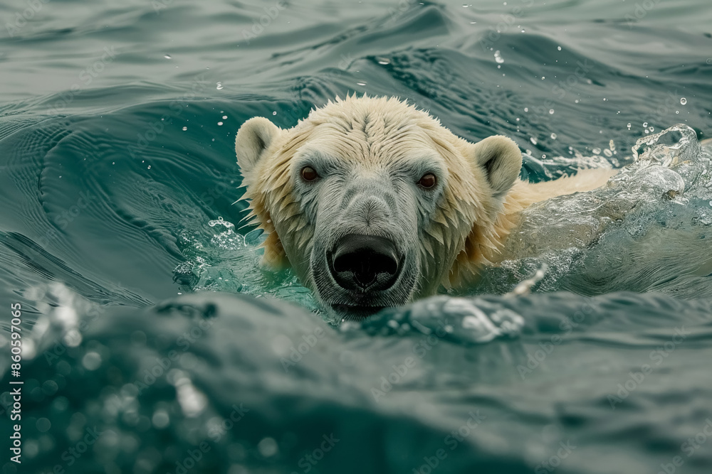 Fototapeta premium One large, white, polar bear swims in cold waters of Arctic Ocean, its head visible on surface