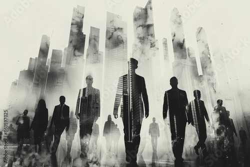 Silhouettes of people against the background of tall, modern business centers, team group on black and white double exposure abstract background