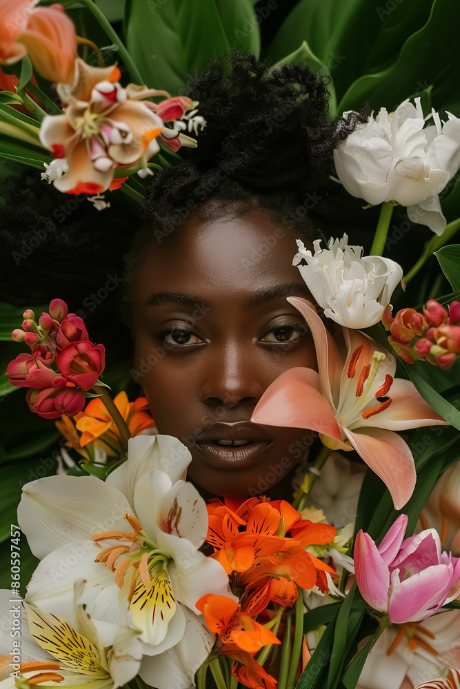 An African American woman with large, curly hair surrounded by vibrant flowers and greenery An African American woman with large, curly hair surrounded by vibrant flowers and greenery