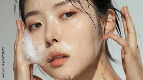 Beautiful Korean woman model washes her face with foam 