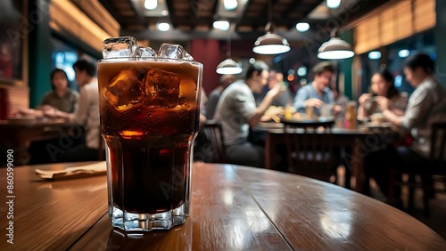 Cola glass soft drink with ice on wood table in restaurant background photo