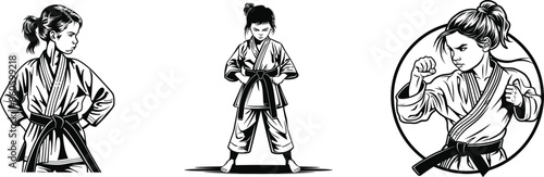 Set of girl training martial arts, vector illustration.