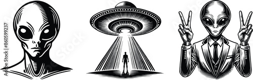 Set of alien and ufo, black silhouettes, vector illustration.	
