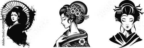 Set of Japanese woman, beauty lady, vector illustration.