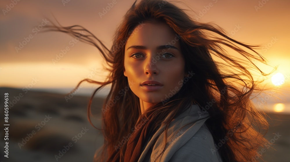 Close-Up portrait of a woman standing at the windy coast during sunset Close-Up portrait of a woman standing at the windy coast during sunset