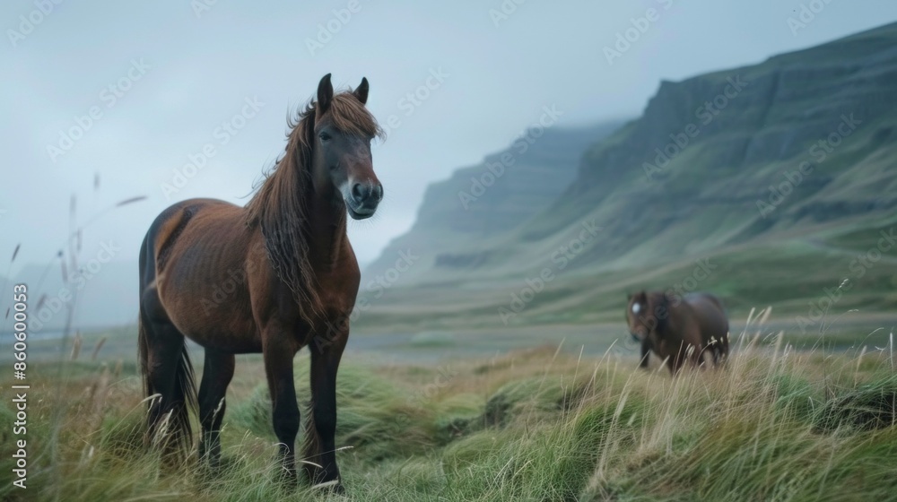 Fototapeta premium A brown horse stands in a field with a mountain in the background