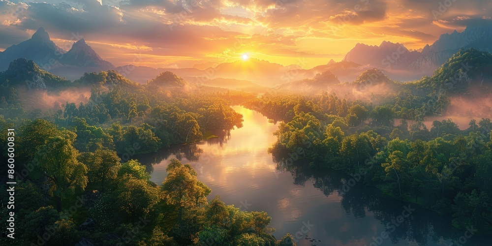 Sunrise Over a Serene River Valley Sunrise Over a Serene River Valley