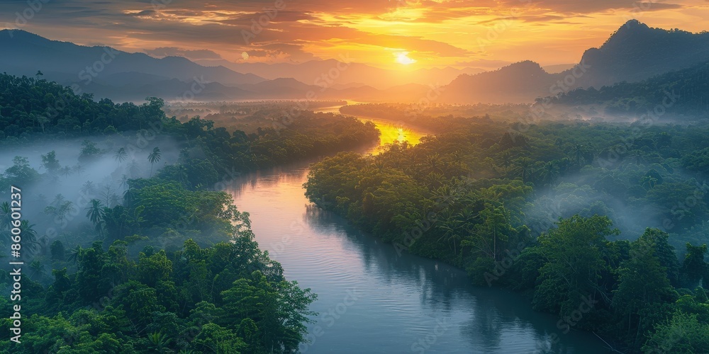 Sunrise Over a Misty River Winding Through Lush Foliage Sunrise Over a Misty River Winding Through Lush Foliage