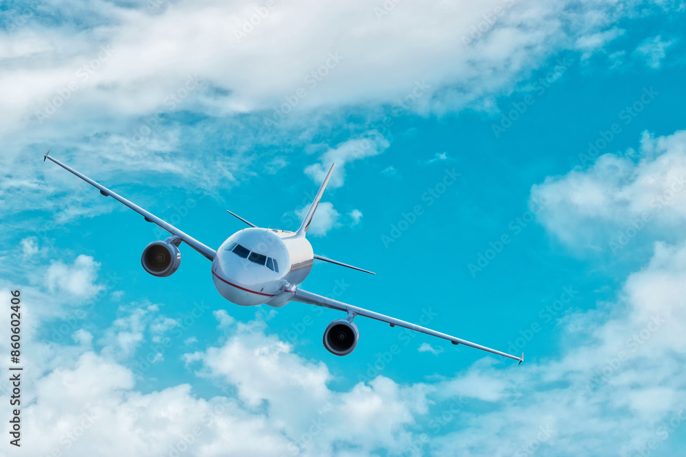 Fototapeta premium Airplane flying in blue sky with clouds. Travel and transportation concept.