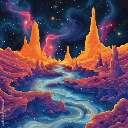 Waveforms of Chrono Flux, Cresting waves shaped like hourglasses on a distant planet. Flat illustrate, pastel color photo