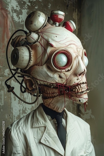 Detailed horror portrait of a cyborg with exposed muscles and mechanical enhancements, wearing a lab coat. Concept of bioengineering, creative crazy doctor