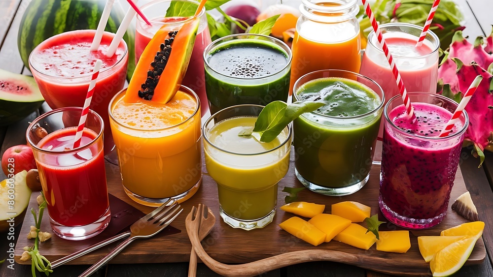 custom made wallpaper toronto digitalRainbow from smoothies watermelon papaya mango spinach and dragon fruit smoothies juices beverages drinks variety with fresh fruits on a wooden table
