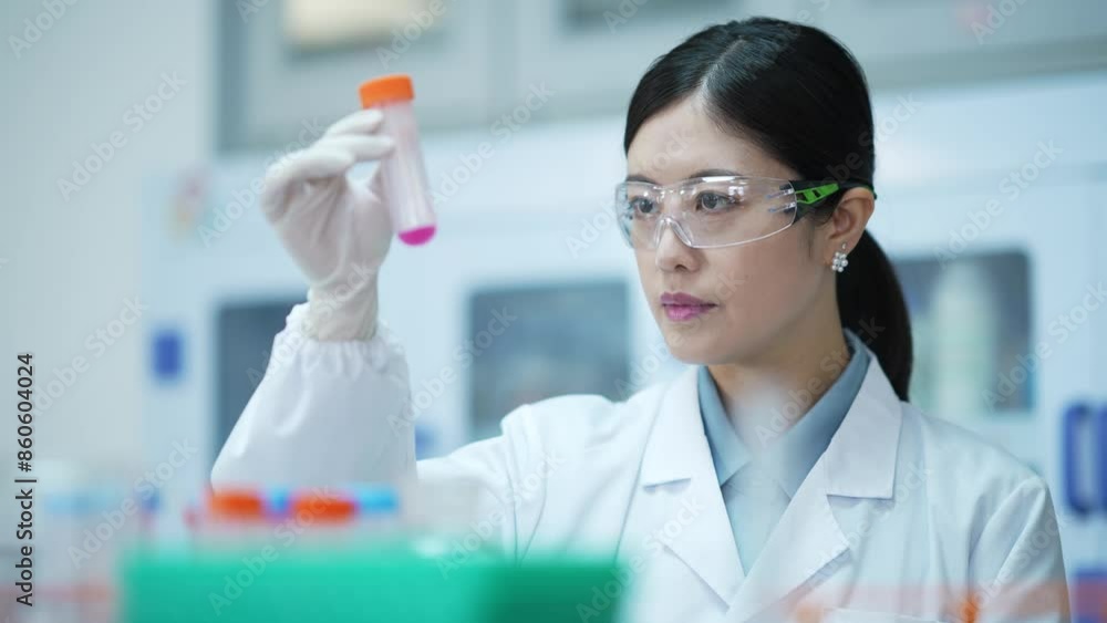woman doctor doing experiment with tube in lab woman doctor doing experiment with tube in lab