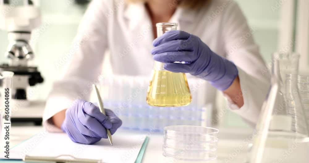 Professional scientist examines liquid oil in flask writing analysis in notebook. Laboratory assistant holds investigation of liquid slow motion Professional scientist examines liquid oil in flask writing analysis in notebook. Laboratory assistant holds investigation of liquid slow motion
