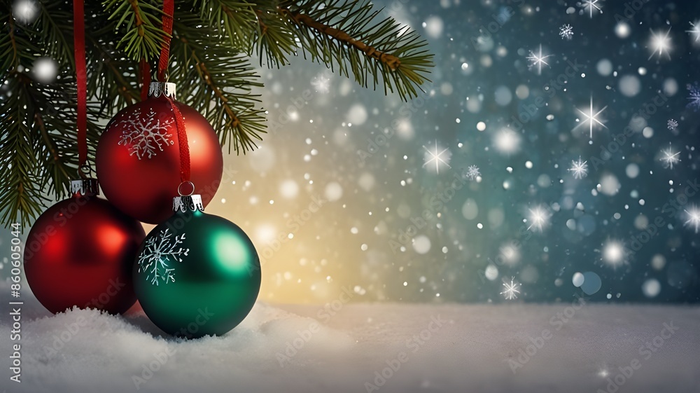 Festive Christmas background with Christmas decorations and snowflakes. Generative AI Festive Christmas background with Christmas decorations and snowflakes. Generative AI