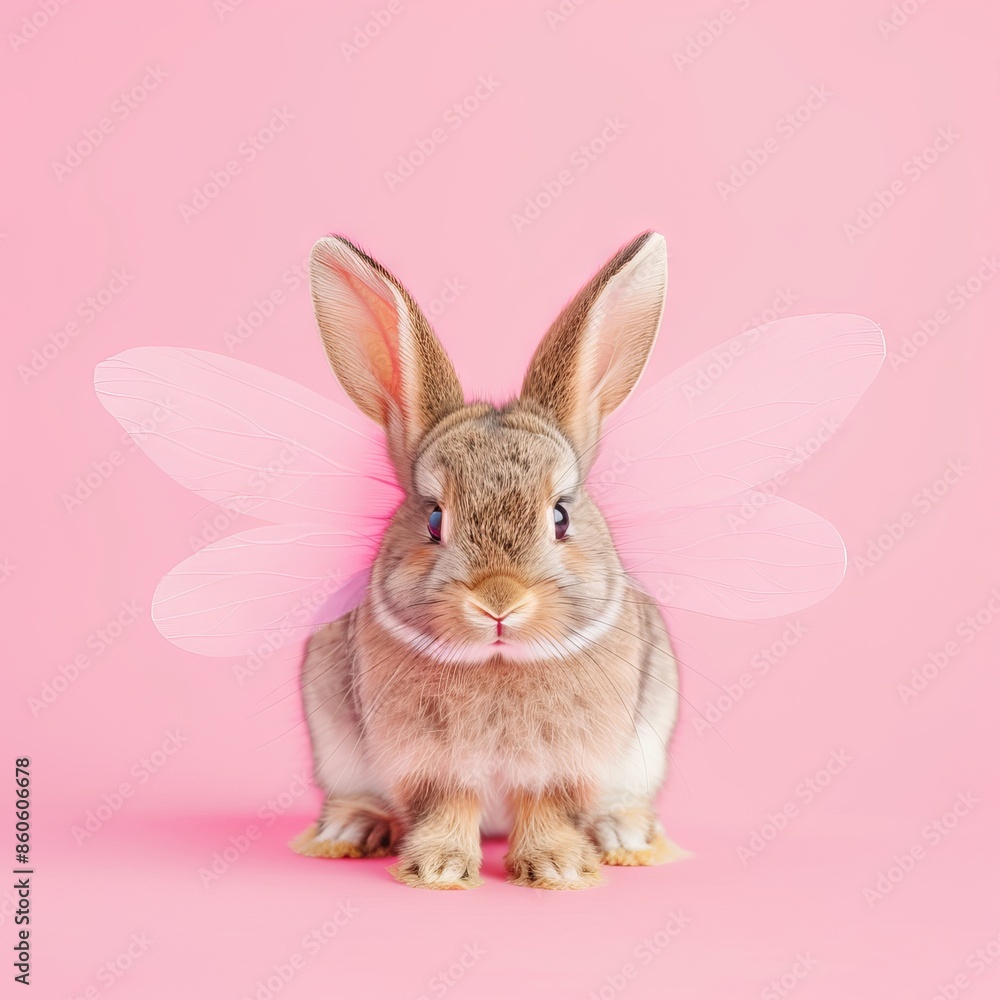 Fototapeta premium White rabbit with transparent fairy wings on a pink background. Concept: Dreams and fantasies, creativity, pets, children's fairy tales, inspiration