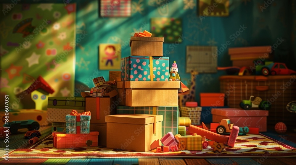 Stack of Colorful Gift Boxes in a Playful Children's Room, Generative AI Stack of Colorful Gift Boxes in a Playful Children's Room, Generative AI