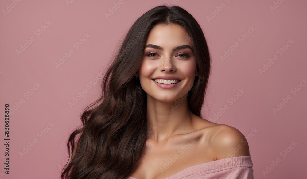 Smiling woman with long brown hair in pink top. Smiling woman with long brown hair in pink top.