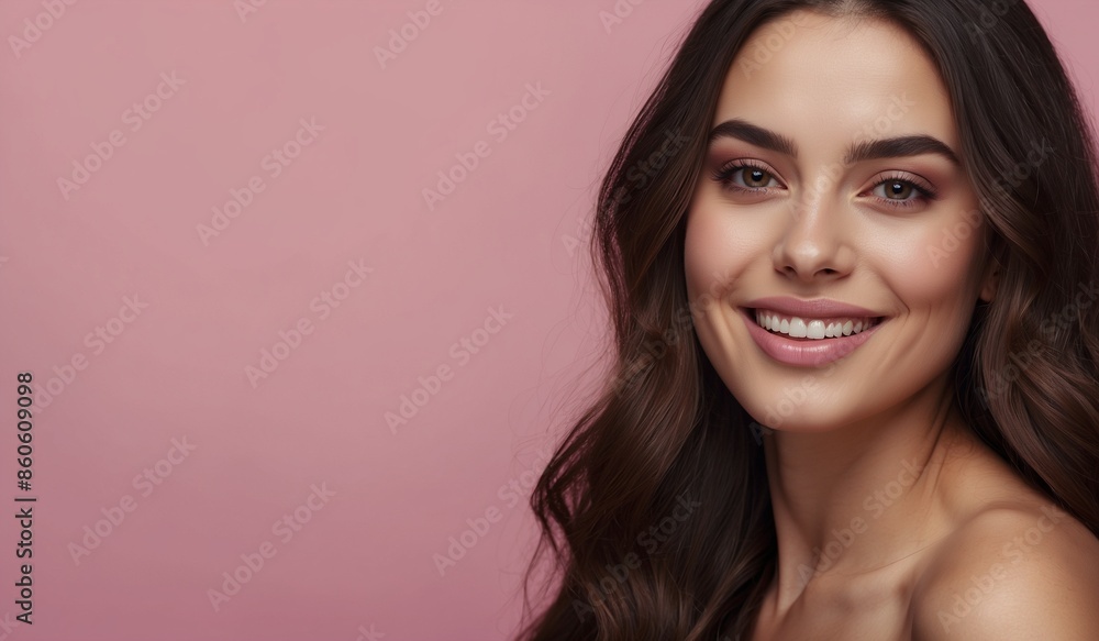Woman smiling with long brown hair against pink backdrop. Woman smiling with long brown hair against pink backdrop.