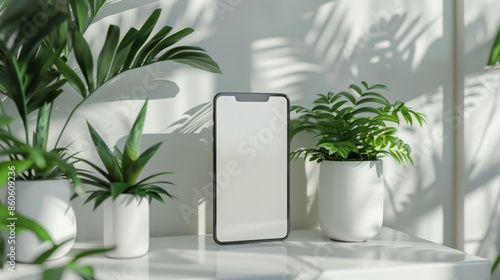 Smartphone mockup with blank screen on white table. 3D rendering