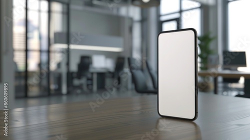 Smartphone mockup with blank screen on white table. 3D rendering