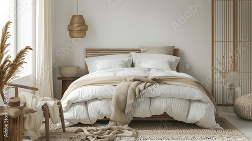 Cozy modern bedroom with neutral tones and natural decor. A bedroom in a beige color scheme. Ecostyle in the bedroom