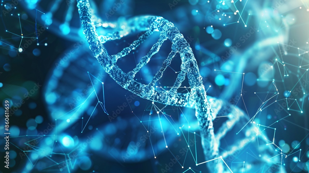 DNA background science helix Abstract 3d polygonal wireframe DNA molecule helix spiral on blue DNA background science helix Abstract 3d polygonal wireframe DNA molecule helix spiral on blue
