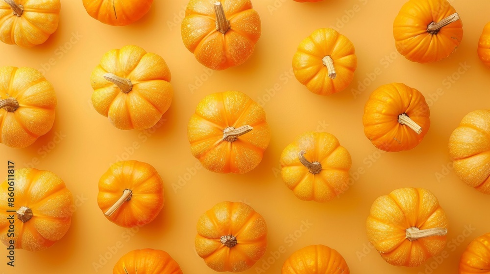 A row of orange pumpkins on a yellow background A row of orange pumpkins on a yellow background