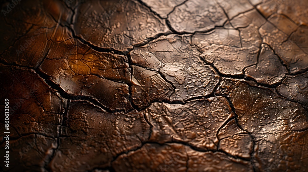 A close-up view of a textured, leather-like material. The leather has a rich, deep brown hue with intricate, cracked patterns that give it a rugged and aged appearance A close-up view of a textured, leather-like material. The leather has a rich, deep brown hue with intricate, cracked patterns that give it a rugged and aged appearance