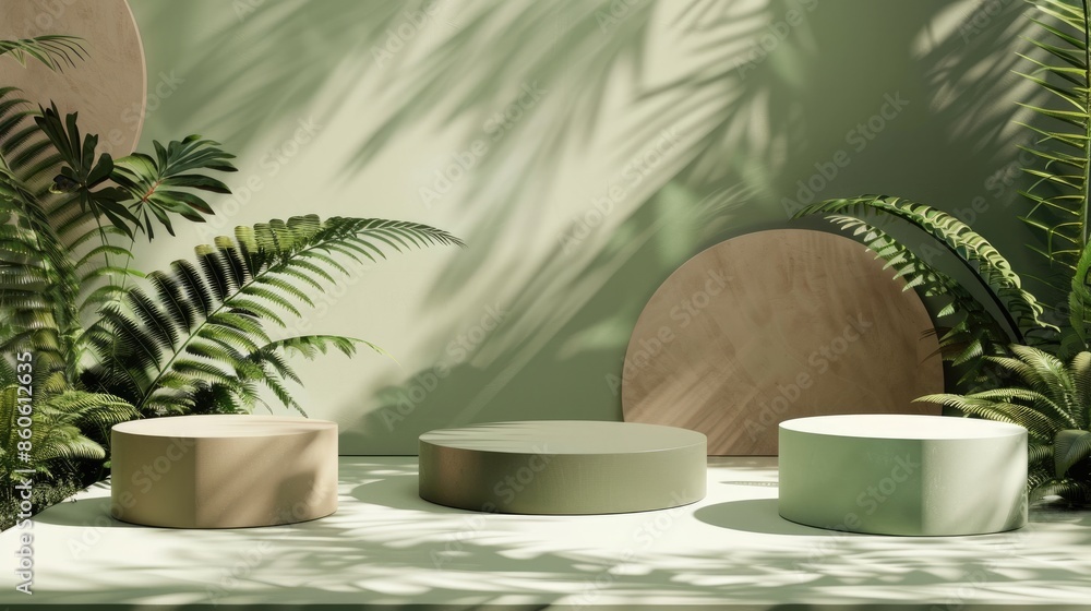 Three Round Podiums in Shades of Green and Brown on an Empty Background Surrounded by Lush Forest Elements, Three Round Podiums in Shades of Green and Brown on an Empty Background Surrounded by Lush Forest Elements,