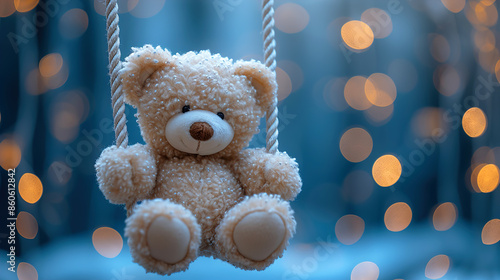 Wallpaper Mural A beautiful teddy bear sits on a rope with a Christmas snow background Torontodigital.ca