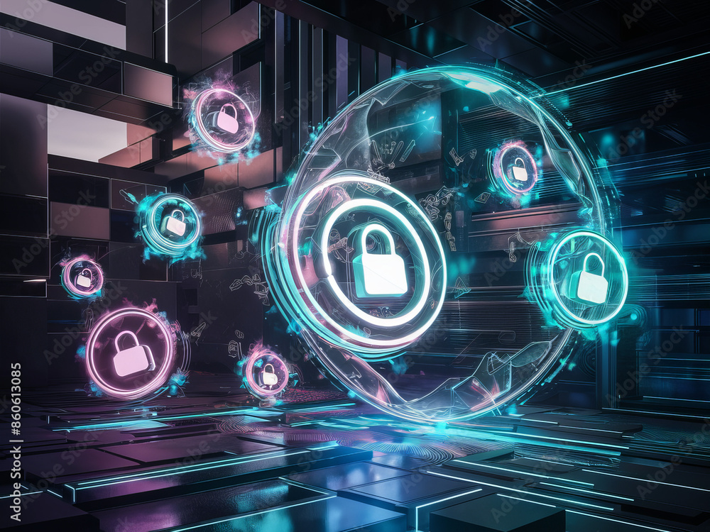 A futuristic digital representation of smart contract icons and data security in a virtual environment A futuristic digital representation of smart contract icons and data security in a virtual environment