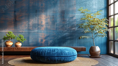 Zen Meditation Cushion A solitary meditation cushion in deep indigo, set on a minimalist tatami mat floor, offering a serene blank wall for adding motivational quotes photo