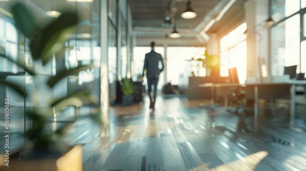 Blurred image of business people walking in the lobby of a modern office building