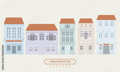 Collection set of minimal vector illustration drawing of an old school heritage shophouse facade in pastel colour. For concept proposal, design, postcard, banner, social media