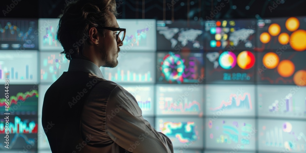 Market Research Analysis with Copy Space A professional analyzing market research data on a large screen vibrant colors high-frequency textures Market Research Analysis with Copy Space A professional analyzing market research data on a large screen vibrant colors high-frequency textures
