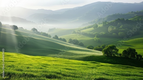 Breathtaking sunrise over rolling hills with fresh green grass and misty valleys, epitomizing serene rural beauty and early morning tranquility.