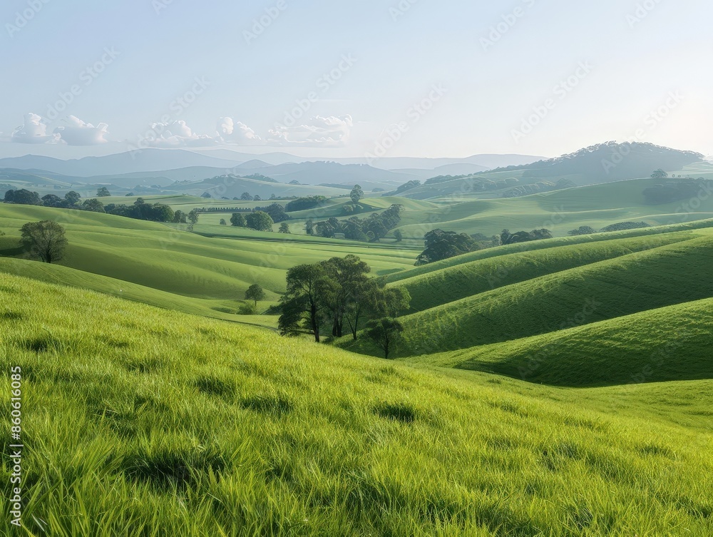 Scenic view of rolling green hills and valleys under a clear blue sky with distant mountains in the background, perfect for nature and landscape themes. Scenic view of rolling green hills and valleys under a clear blue sky with distant mountains in the background, perfect for nature and landscape themes.