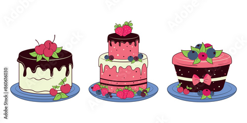 A set of festive cakes with different fillings and fresh berries. Vector design on a white background.