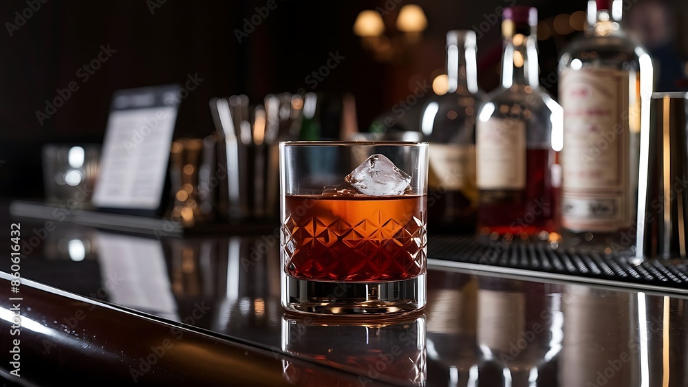 Glass with brown alcoholic drink and piece of ice stands on the bar Glass with brown alcoholic drink and piece of ice stands on the bar